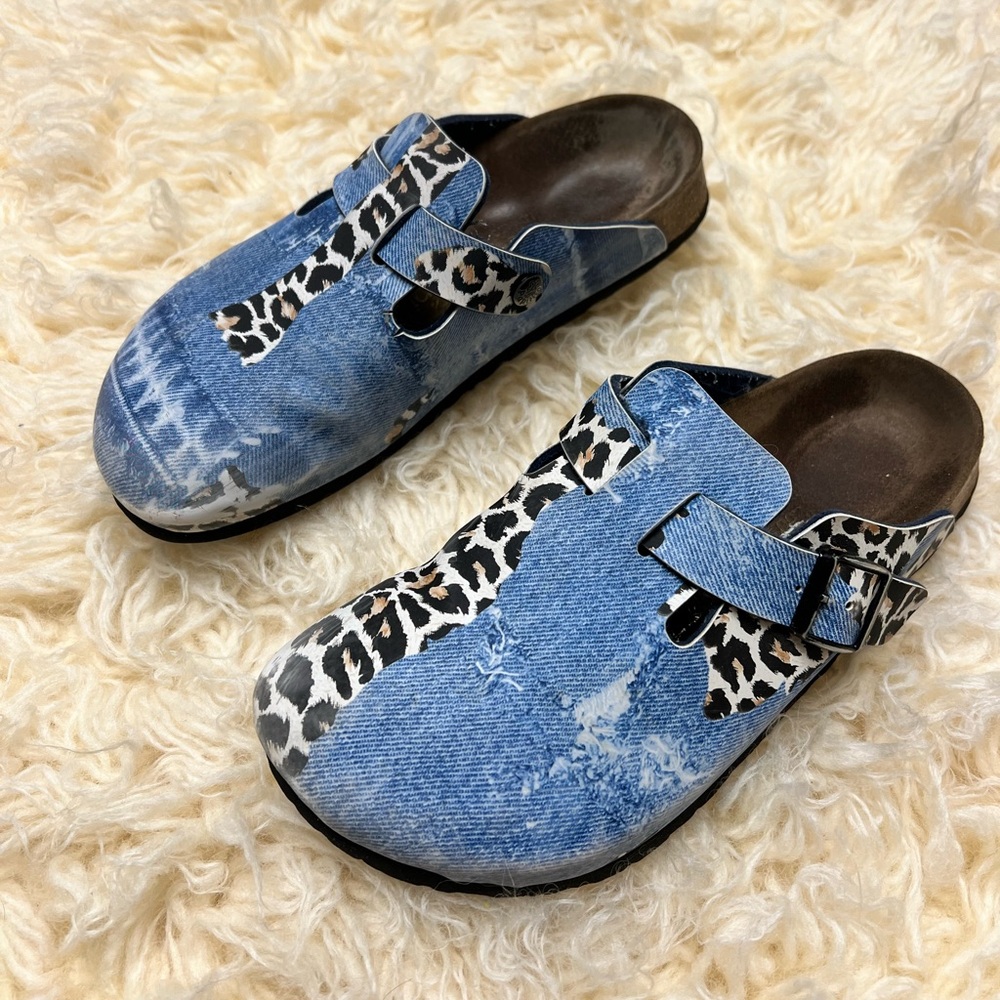 Papillio by Birkenstock Clogs Blue Denim Leopard Animal Print Size 8.5